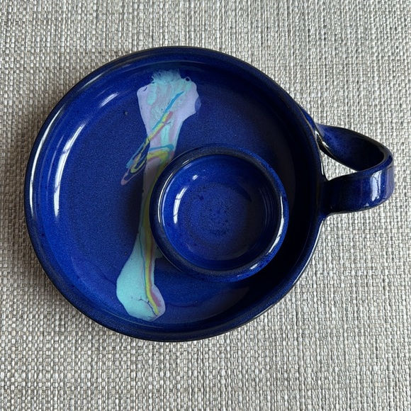 Studio Pottery Handmade Candle Holder Artist Signed Colbalt Blue w/ Pastel Swirl - Picture 2 of 9